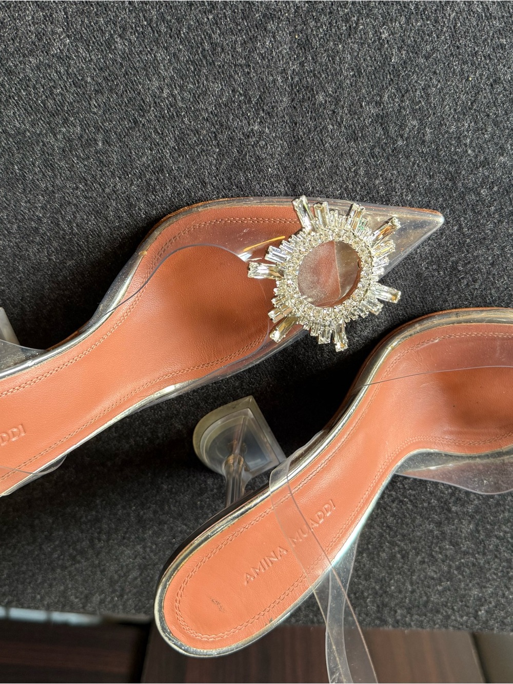 Amina Muaddi Clear Slingback Pumps with Crystal Sunburst - Tan Insole - Picture 5 of 7